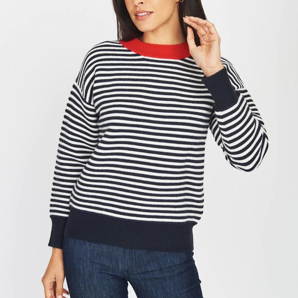 Elodie Women's Navy White Striped Nautical Coastal Crewneck Pullover Sweater M